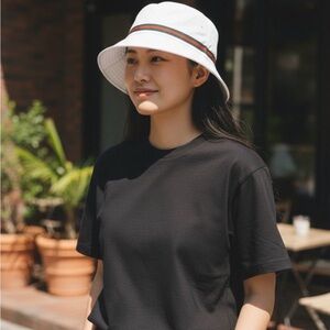 White Bucket Hat with Stripe Band - Women's Sun Hat